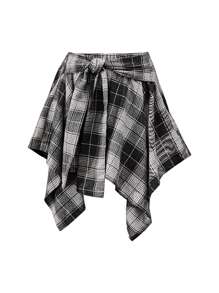 Plus Size Hip Hop Plaid Skirt 2025 - Women's Streetwear Tartan Skirt With Detachable Sleeves, Multi-Color Rap Style Skirt, High Waist A-Line Skirt With Belt (1X-5X) - Đen và trắng - Xem 5
