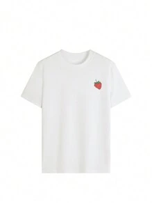 夏季女装，日常休闲风，宽松圆领短袖图案T恤搭配草莓印花，时尚百搭女式夏季上衣，适合日常穿着，可爱上衣，女士T恤，标语T恤，宽松上衣，外出上衣，度假上衣，适合去海滩或露营，女士白色上衣 - 白色 - 查看 4