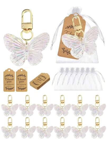 10 PIEZAS Llavero de mariposa transparente con etiquetas de agradecimiento de papel kraft para fiesta de cumpleaños, baby shower, accesorios de llavero, llaveros a juego, para niñas con tema de mariposa