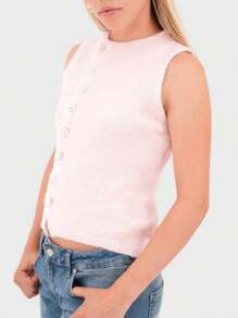 Women's Knit Vest Summer Knit Tank Tops Solid Color Sweater Sleeveless Crew Neck Knitwear Front Button Slim - Pink - View 3