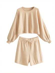 Women 2 Pieces Tracksuit Outfits,Puff Sleeve Knit Pullover Sweater Tops + Elastic Waist Drawstring Shorts Set - Beige - View 4