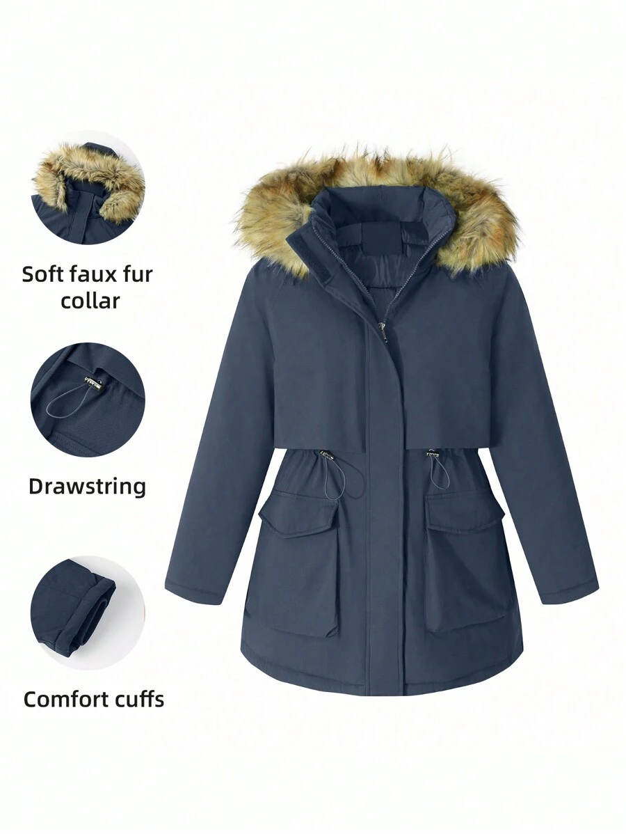 Risissida Damen Mantel mit Kapuze und fellbesetztem Kragen, geeignet für Herbst und Winter Saison. - Blau - Übersicht 1