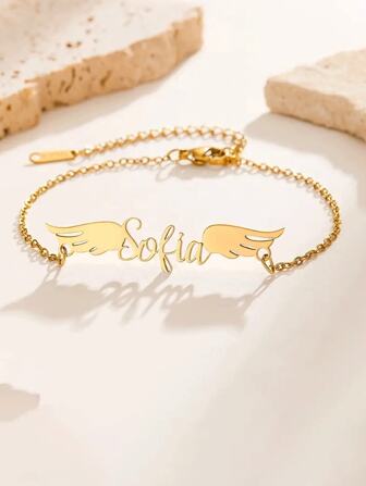 Brazalete con alas de ángel con nombre personalizado, brazalete de acero inoxidable simple y elegante, personalizable para uso diario y como regalo, regalo de joyería perfecto para todas las estaciones