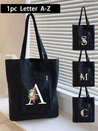 Flower Letter Floral Pattern A-Z Handbag With Pocket Zipper, Ladies Leisure Canvas Handbag, Suitable For Vacation, Beach And Daily Life, Is An Excellent Gift For Women, Mothers, Teachers, Friends And Bridesmaids, Big Bags, Students, Back To School, Portable Leisure Storage Handbags, Multifunctional Shopping Bags, Novel Design, Large Capacity, Ideal Shopping, Shoulder Bags, Handbags, Lunch Bags, Lunch Boxes, Etc.