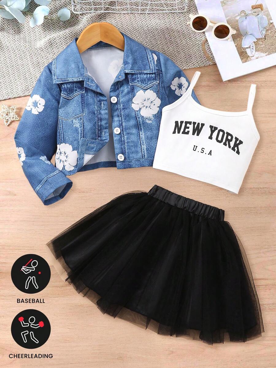 3 件套女童户外休闲夹克、简约细肩带上衣和时尚裙子 3 件套，春夏 - 彩色 - 查看 1