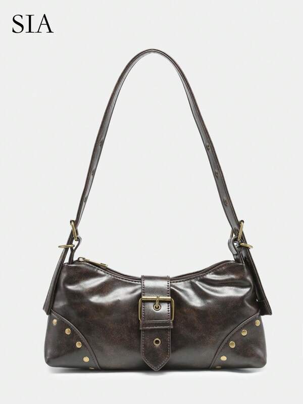 1 pieza Bolso de mujer vintage suave y desgastado con estampado de leopardo y decoraciones con remaches, adecuado para el hombro/debajo del brazo, para el trabajo, ir y venir, citas, fiestas, bolso estilo Y2K, moda de los años 2000