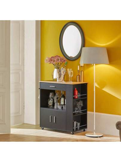 SoBuy FKW113 SCH, Kitchen Trolley Cart Storage Serving Cabinet Microwave Cabinet, Zwart view 4