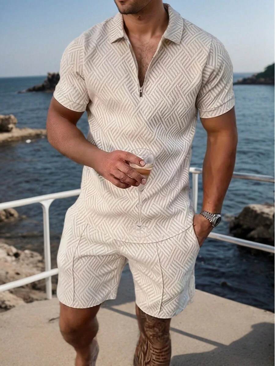 Polo Collar Short Sleeve Casual Men Suit - Beige - View 1