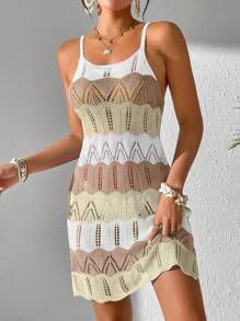 女式夏季波西米亚风度假海滩度假装撞色拼布镂空针织吊带裙