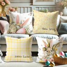 4pcs Easter Decorative Throw Pillow Covers, Happy Floral Easter Pillow Covers, Easter Egg Rabbit Ear Plaid Bunny Cushion Covers, Cute Yellow, Pink, Brown Velvet Pillowcases Single-Sided Printing 45x45cm Gifts Birthday Graduation