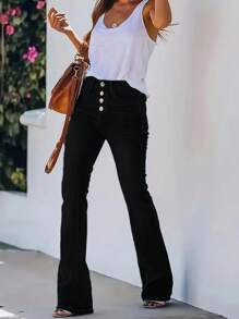 Women's Elastic Flared Jeans, High Waisted Split Flared Pants, Button Fly Denim Pants(The Size Is Slightly Small; It Is Recommended To Order One Size Up.) - đen - Xem 3