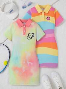 2pcs/Set Girls Casual Cartoon Printed Short Sleeve V-Neck Knee-Length Dress For Summer - Multicolor - View 1