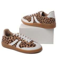 Women's Red Black Leopard Beige Gold Retro German Trainers – Lace-Up Low-Top Casual Sneakers [Size Up Half Size] - 豹 - 查看 4