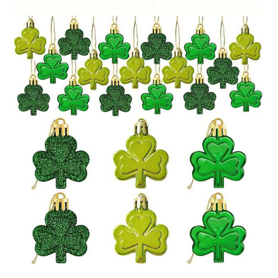 12pcs St Patricks Day Mini Shamrock Ornaments For Small Tree Decorations Good Luck Clover Hanging Bauble Green Glitter Matte Trefoil Irish Ornaments For Saint Patricks Day Tree Shelf Decor Party Favors Supplies - Colorful - View 1