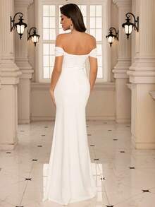 EVERLYL 露肩前开衩纯色优雅婚纱，新娘 - 白色 - 查看 3