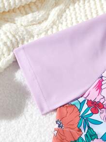 Tween Girl Floral Patchwork Zipper One-Piece Swimsuit For Summer Beach Vacation - Multicolor - View 3