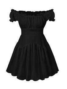 Women Flowy Pirate Dress Fairy Short Sleeve Y2k Off Shoulder Ruffle Corset Mini Dresses - 黑色 - 查看 8