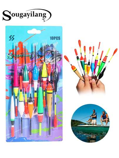 SOUGAYILANG 10 件/套高灵敏度钓鱼浮标，混合尺寸，柔韧性好，灵敏度高，渔具配件，适合钓鱼爱好者的木制通用浮标，短小可见，非常适合情人节礼物