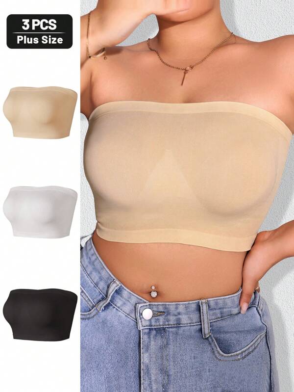 3pcs Plus Size Women Seamless Bandeau Bras, Backless Strapless Push Up Bras