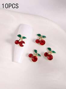 10pcs Green Leaf Cherry Nail Charms Metal Rhinestone Bowknot Nail Supplies Personalized Nail Art 3D Red And Blue Nail Gems Suitable For DIY Nail Salon And Personal Use