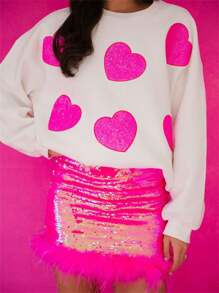 Womens Sequin Sweatshirts Long Sleeve Round Neck Heart/Angel Embroidery Pullovers Oversized Tops - White - View 3