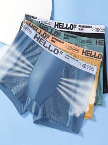 4pcs Pack Men's "Hello" Fashion Mesh Breathable Comfortable Letter Printed Boxer Briefs, Men's Loungewear Underwear