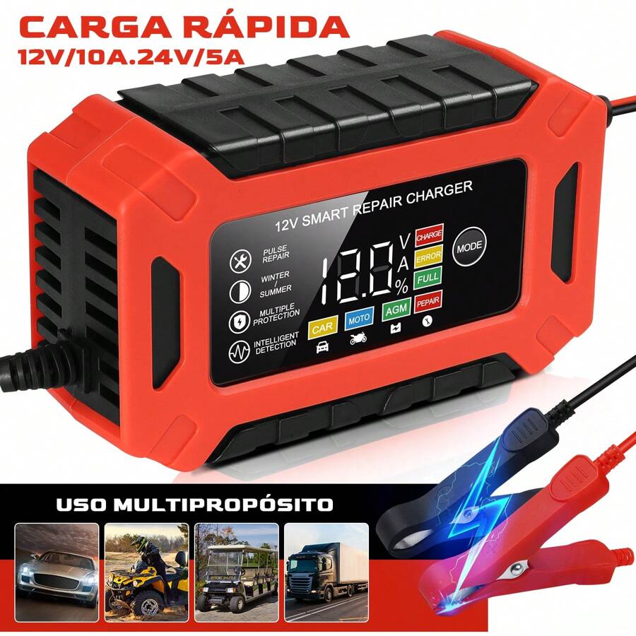 Cargador Inteligente Para Batería, 12V/6A Cargador de Batería de Plomo-ácido con Pantalla LED, Adecuado para Automóviles, Camiones y Motocicletas
