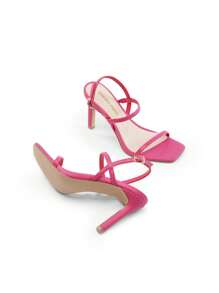 Women Fashion High Heeled Sandals, Square Open Toe Ankle Strap Stiletto Sandals For Party Wedding Prom Valentine's Day - Màu Hồng Tươi - Xem 6