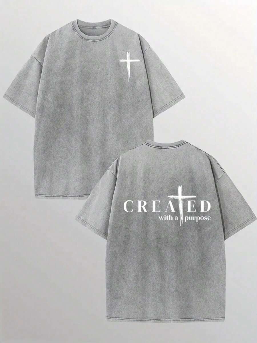 1 Piece, 230G Double-Sided Water Wash, CREAEDWITHAPURPOSSE Travel Sports1 Piece, Washed Printed T-Shirt 230g, High-Quality Batik Cotton Retro Fashion Brand T-Shirt, A Certain Thickness Suitable For Summer T-Shirts, Holiday Gifts. - 深灰色 - 查看 1