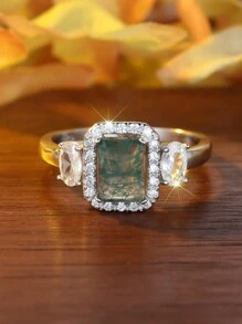 1 件 925 纯银矩形天然海藻玛瑙 CZ 密镶订婚戒指，天然海藻玛瑙戒指，时尚女士戒指，结婚戒指，周年纪念礼物 - 天然瑪瑙花紋都是不同的 - 查看 3