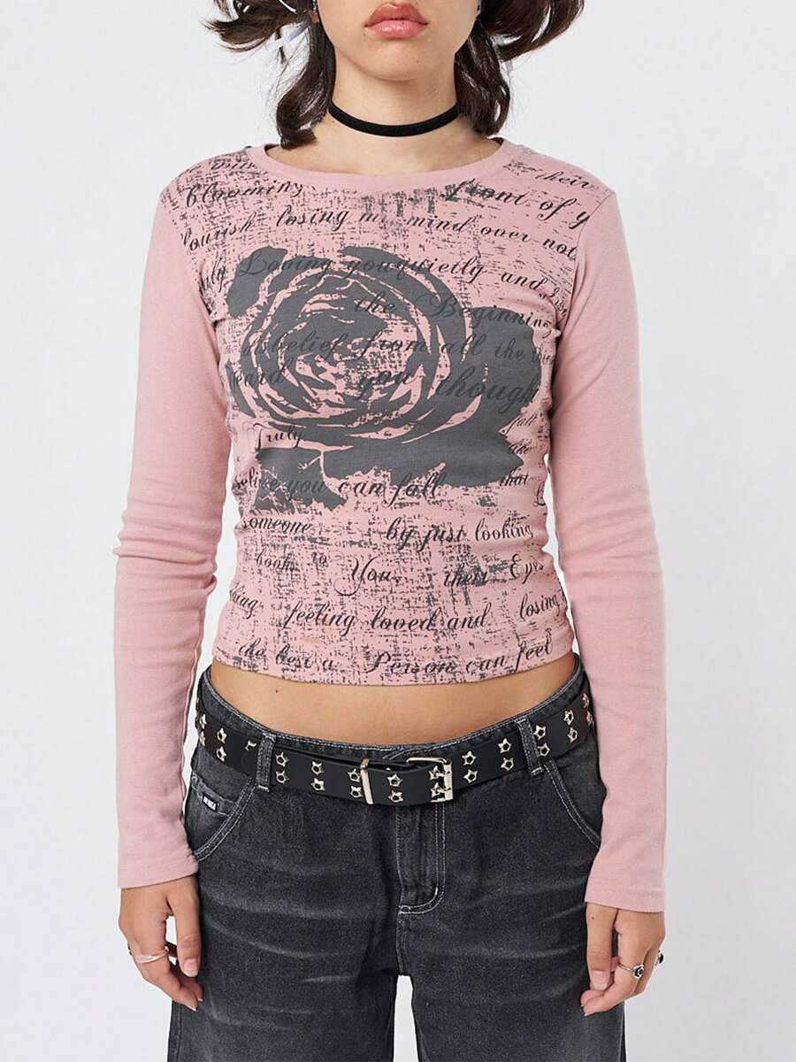 Women's Spring Summer Fitted Crop Tops Long Sleeve Crewneck Graphics Print Slim T-Shirt - Pink - View 1