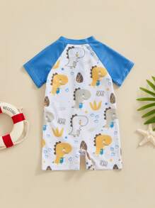 Toddler Boys Rash Guard Swimwear Cartoon Marine Organisms Print Short Sleeve Swimsuits Front Zipper Bathing Suits - White - View 3
