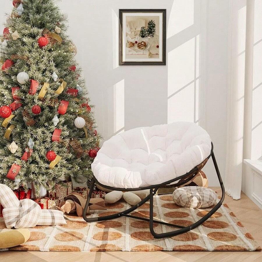 Outdoor Rocking Chair, Indoor & Outdoor Comfy Oversized Papasan Chair With Padded Cushion, Oversized Metal Frame Egg Chair For Living Room, Patio, Front Porch, Backyard - Beige - View 1
