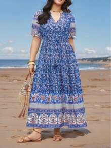 Plus Size Bohemian Style Printed V-Neck Short Sleeve Dress, Summer - Blue - View 1