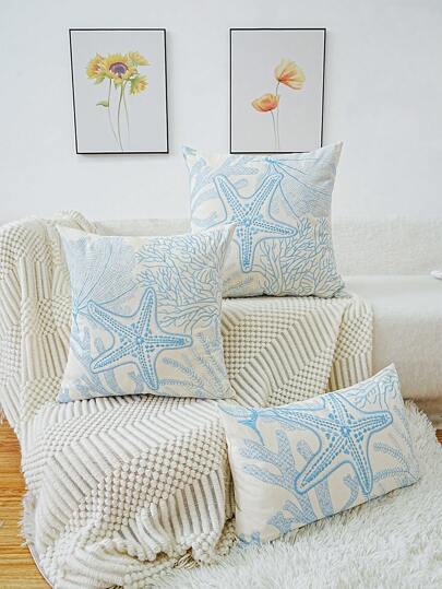 1pc, Ocean Animal Embroidery Throw Pillow Case, Machine Washable, Invisible Zipper, Multi-Size Multi-Room Family Decoration Universal, No Pillow Core Pillows Bedding Bed Room Decor Home Decor Bedroom Decor Cushion Covers Cushion Cover Cushions Pillow Cases