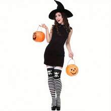 4 Pairs Skull & Stripe Print Thigh High Socks, Halloween Cosplay Festival Over-The-Knee Socks, Women's Socks & Tights - 黑色4雙 - 查看 3