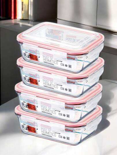 Kit 4 Pote Hermético de Vidro Retangular 1040ml Tampa com Vedação Resistente ao Calor Ideal para Forno Microondas e Freezer