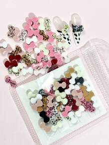 50 piezas/bolsa Decoración de uñas 3D con estampado de leopardo y lazo, accesorios planos y coloridos de lazo para uñas, mezcla kawaii de colores rosa, blanco, amarillo claro, rosa claro, marrón rojo, café y negro para joyería de uñas DIY, suministros de arte de uñas, gemas de uñas DIY profesionales