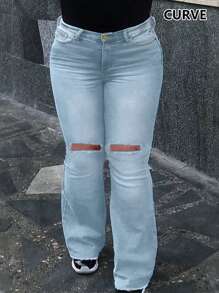 New Ripped Flare Jeans For Plus Size Women, Simple European & American Style - Light Wash - View 5