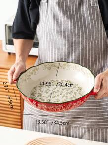 Assadeira redonda de cerâmica pintada à mão, com estampa floral vintage vermelha e alças, ideal para saladas, grelhados, assados, sobremesas e para fazer pizza e massas, para forno e micro-ondas, utensílios de cozinha