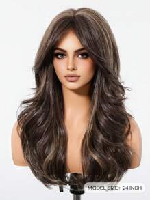 24 Inch Long Wavy Wigs With Bangs Dark Roots Brown Wigs For Women Brown Ombre Hair With Blonde Wigs,Heat-Resistant Synthetic Wigs For Daily Party Cosplay Wigs - 挑染棕色 - 查看 3