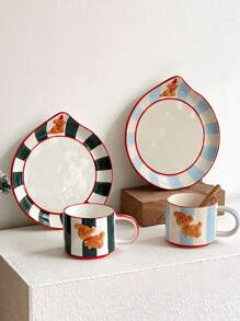 1pc Limited Edition Vintage Donkergroene Handgeschilderde Relief Bell Puppy Mok, Koffie/Thee Kopje & Ontbijtbord Cadeau