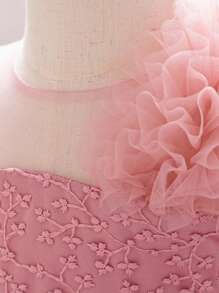 Baby Girls Embroidered Ruffle Tulle Cute Party Trailing Dress, Suitable For Flower Girl, Wedding, Birthday, Does Not Include Headband - Dusty Pink - View 5