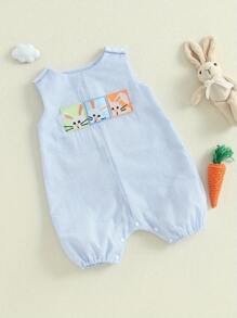 Baby Girl Boy Sleeveless Romper With Rabbit And Vertical Stripes Jumpsuits Perfect For Easter Every Day Wear - Blue - View 5