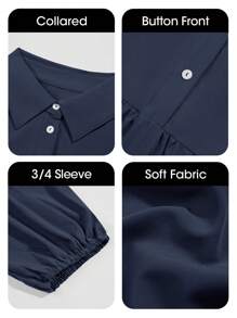 2026 Popular Fall Maxi Shirt Dress V Neck Vestidos Elegantes De Mujer Button Down 3/4 Sleeve Tiered Collared Flowy Design - 藏蓝色 - 查看 4