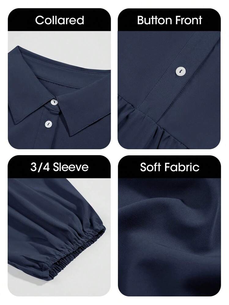 2026 Popular Fall Maxi Shirt Dress V Neck Vestidos Elegantes De Mujer Button Down 3/4 Sleeve Tiered Collared Flowy Design - 藏蓝色 - 查看 4