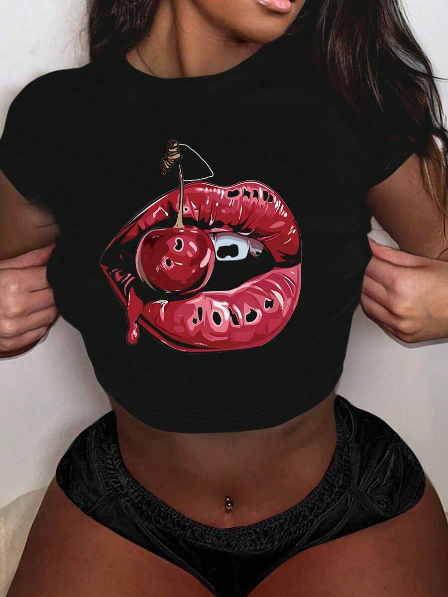 Cherry Red Lip Sexy Round Neck Fitted Short Blouse T-Shirt - Black - View 1