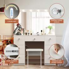 VOWNER 44" Vanity Desk Set With Power Outlet, Makeup Vanity Table With 14 Bulbs Mirror 3 Color & Brightness Adjustable 7 Drawers For Storage, For Girls Women, Halloween & Thanksgiving - 白色-44"W - 查看 7