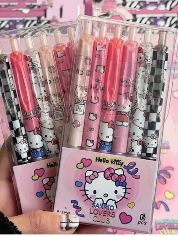 Sanrio, 6pcs/Box, High Quality, Full Series Sanrio, Push Button Pens, Quick Drying, Good For Writing, Suitable For Studying, 0.5mm Tip, Black Ballpoint Pens, My Melody & Hello Kitty,Back To School