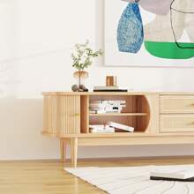 Modern TV Stand For TVs Up To 70 Inches, Entertainment Center With Rattan Door, 2 Drawers And Cabinets, Wood TV Storage Cabinet With Solid Wood Legs And Metal Handles For Living Room,Modern TV Console Table, TV Media Console, Living Room Furniture, Low Profile TV Stand Entertainment Center With Sliding Door, Drawer, Storage Shelves, Mid Century Modern Media TV Console - tự nhiên - Xem 6